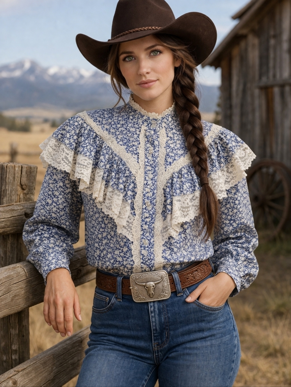 Vintage 80's Western Prairie Cowgirl Cotton Lace Floral Button Front Blouse SZ:L